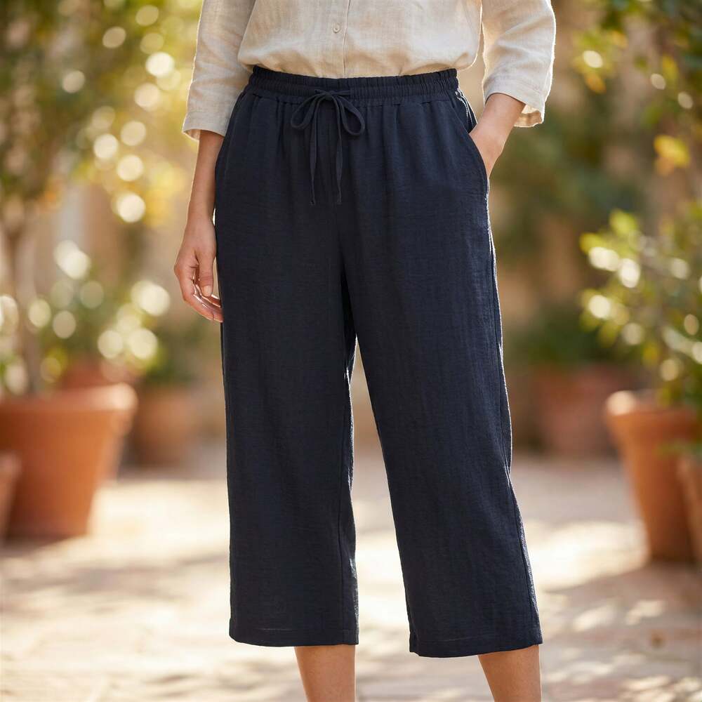 Lagenlook Black Crepe Cropped Wide Leg Pants Women 2XL Coastal Casual Minimalist